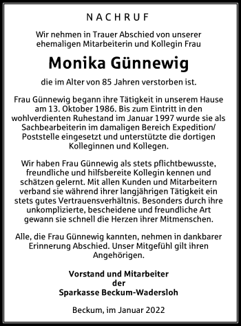 Traueranzeige von Monika Günnewig von Die Glocke