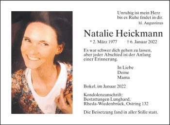 Traueranzeige von Natalie Heickmann von Die Glocke