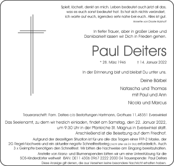 Traueranzeige von Paul Deiters von Die Glocke