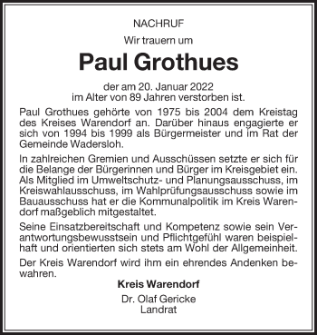 Traueranzeige von Paul Grothues von Die Glocke