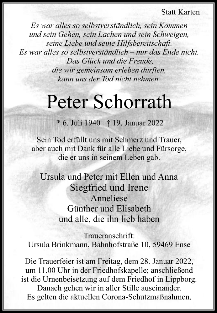  Traueranzeige für Peter Schorrath vom 22.01.2022 aus Die Glocke