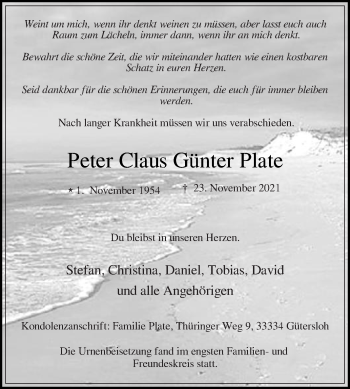 Traueranzeige von Peter Claus Günter Plate von Die Glocke