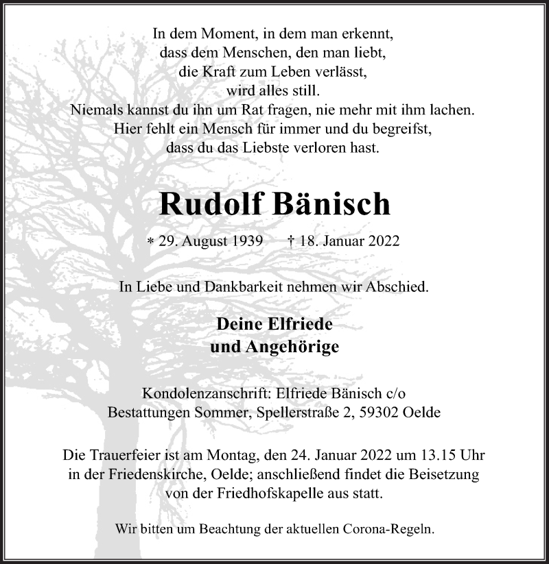  Traueranzeige für Rudolf Bänisch vom 22.01.2022 aus Die Glocke