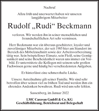 Traueranzeige von Rudolf Beckmann von Die Glocke