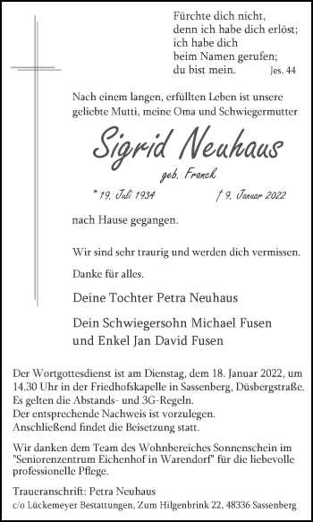 Traueranzeige von Sigrid Neuhaus von Die Glocke