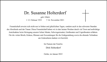 Traueranzeige von Susanne Holterdorf von Die Glocke