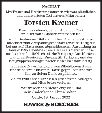 Traueranzeige von Torsten Kremer von Die Glocke