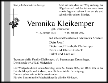 Traueranzeige von Veronika Kleikemper von Die Glocke