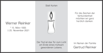 Traueranzeige von Werner  Reinker von Die Glocke