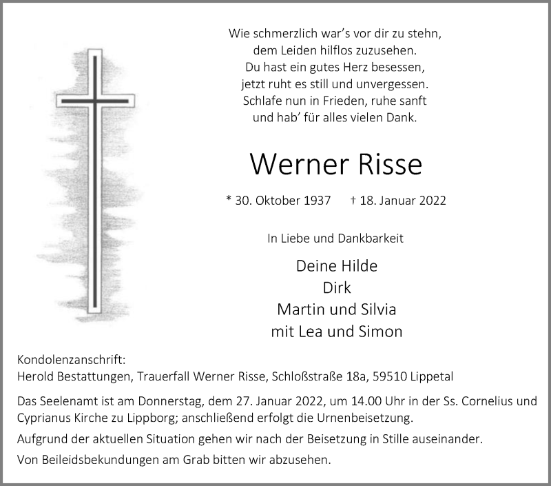  Traueranzeige für Werner Risse vom 22.01.2022 aus Die Glocke