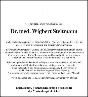 Traueranzeige von Wigbert Steltmann von Die Glocke