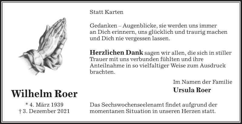  Traueranzeige für Wilhelm Roer vom 14.01.2022 aus Die Glocke