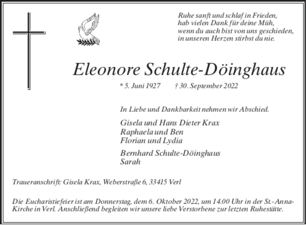  Traueranzeige für Eleonore Schulte-Döinghaus vom 03.10.2022 aus Die Glocke