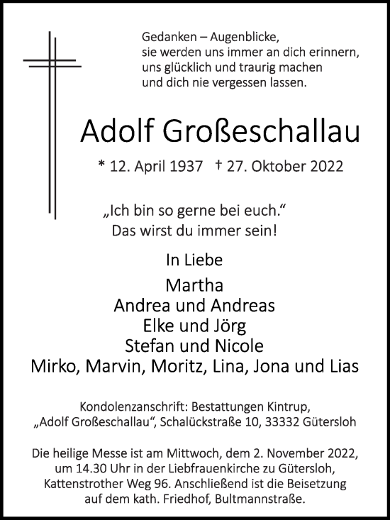 Traueranzeige von Adolf Großeschallau von Die Glocke