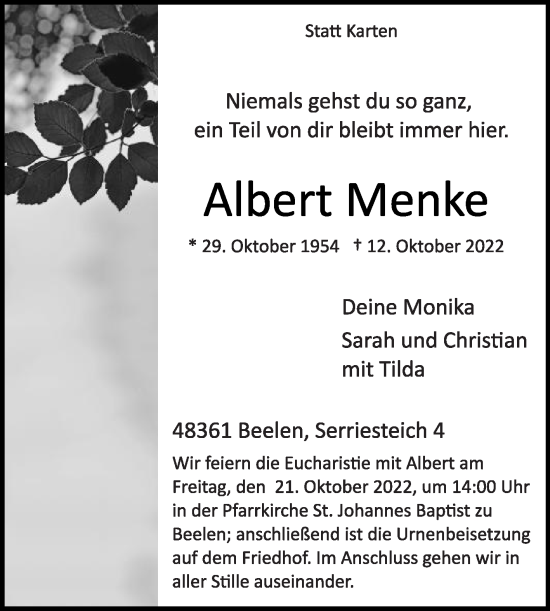 Traueranzeige von Albert Menke von Die Glocke