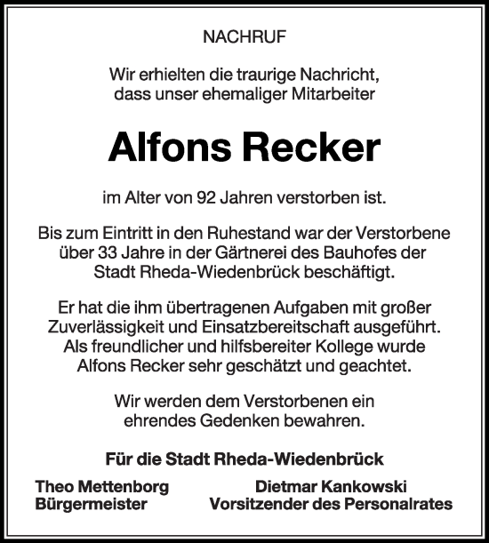 Traueranzeige von Alfons Recker von Die Glocke