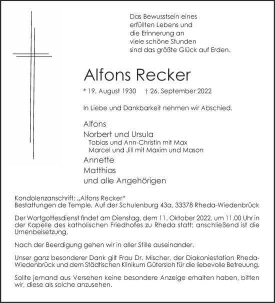 Traueranzeige von Alfons Recker von Die Glocke