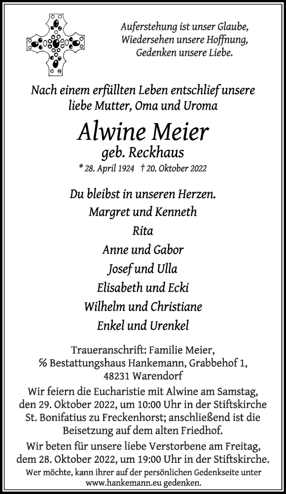  Traueranzeige für Alwine Meier vom 26.10.2022 aus Die Glocke