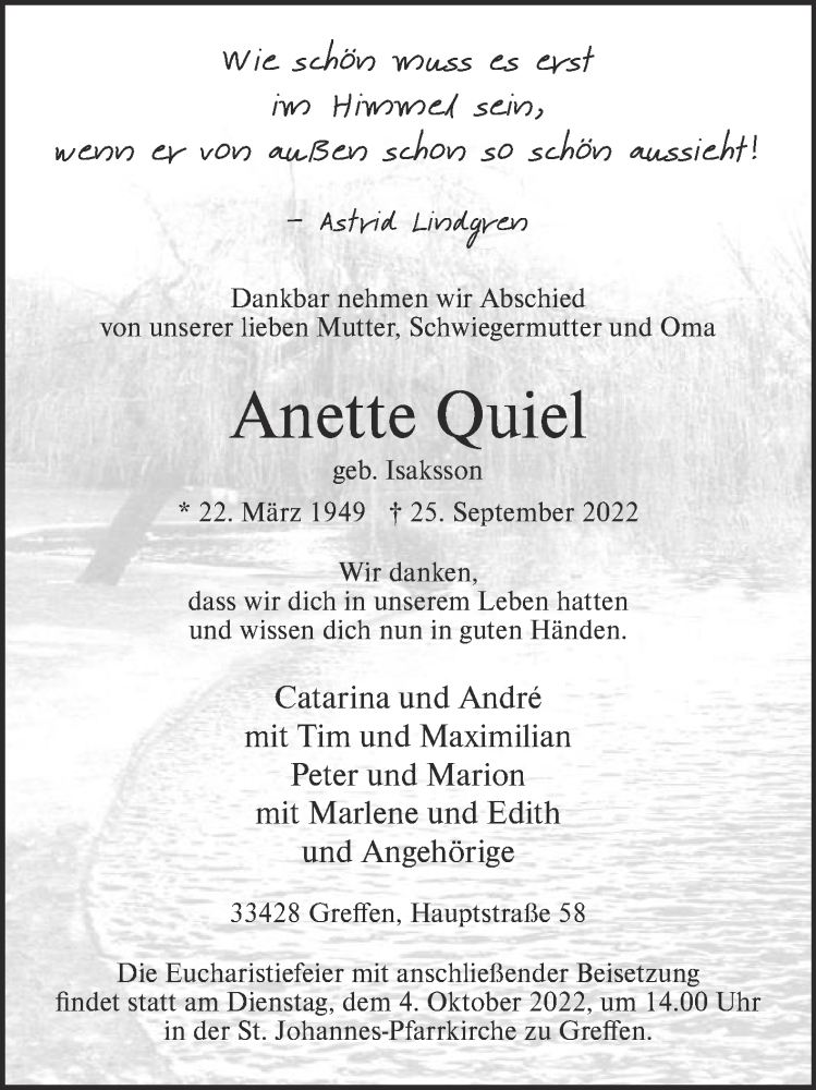  Traueranzeige für Anette Quiel vom 01.10.2022 aus Die Glocke