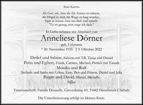 Traueranzeige von Anneliese Dörner von Die Glocke
