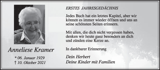 Traueranzeige von Anneliese Kramer von Die Glocke