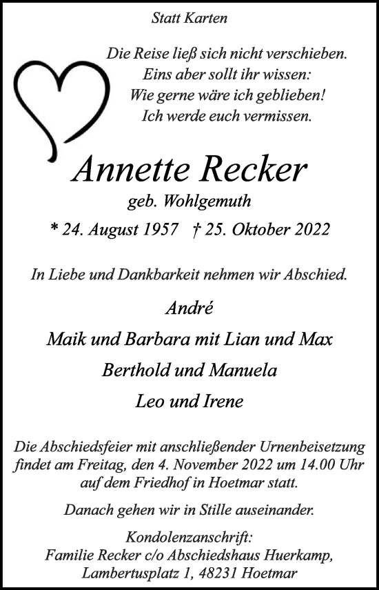 Traueranzeige von Annette Recker von Die Glocke