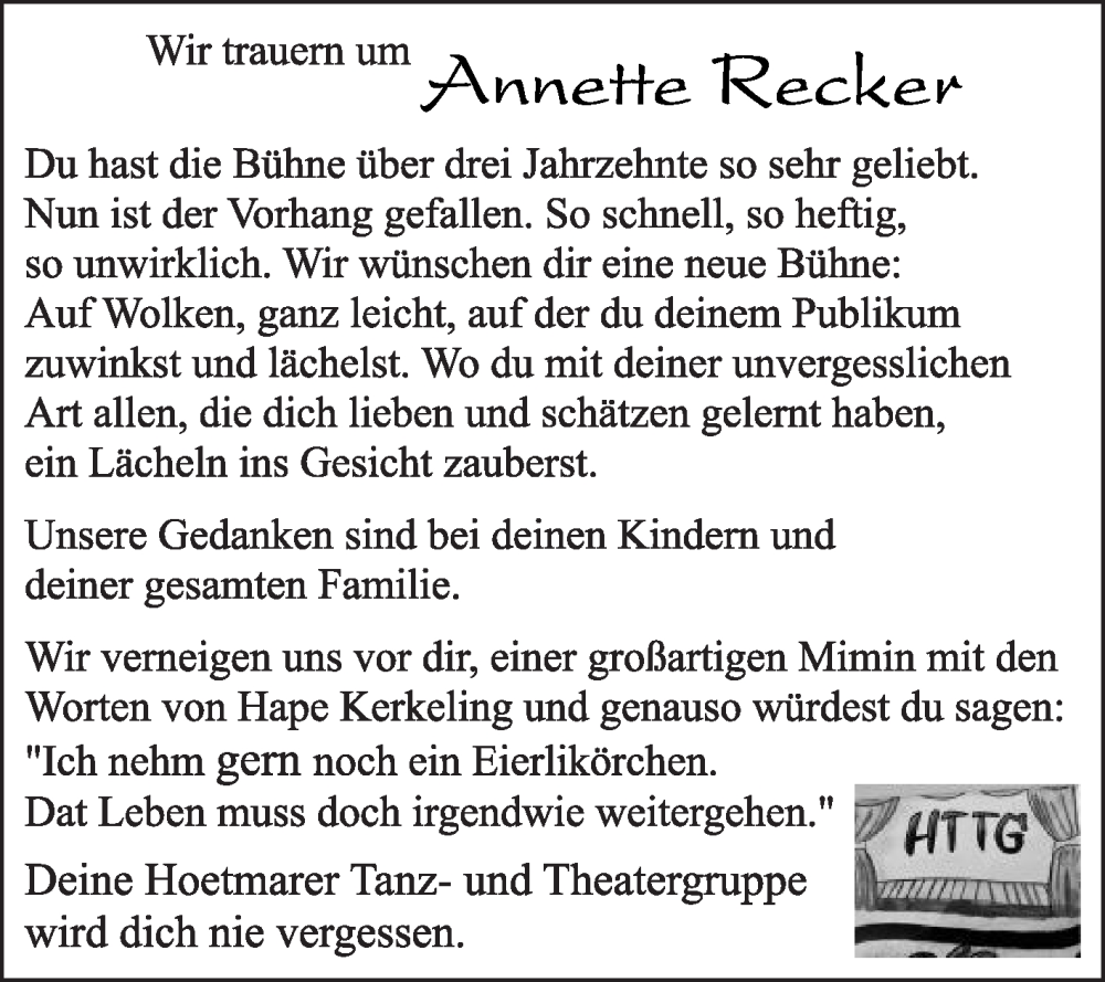  Traueranzeige für Annette Recker vom 29.10.2022 aus Die Glocke