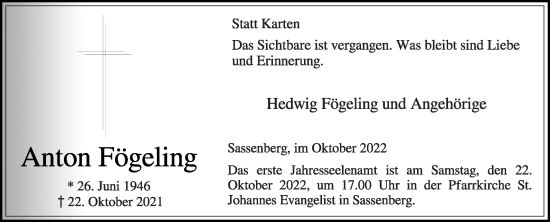 Traueranzeige von Anton Fögeling von Die Glocke