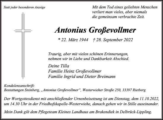 Traueranzeige von Antonius Großevollmer von Die Glocke