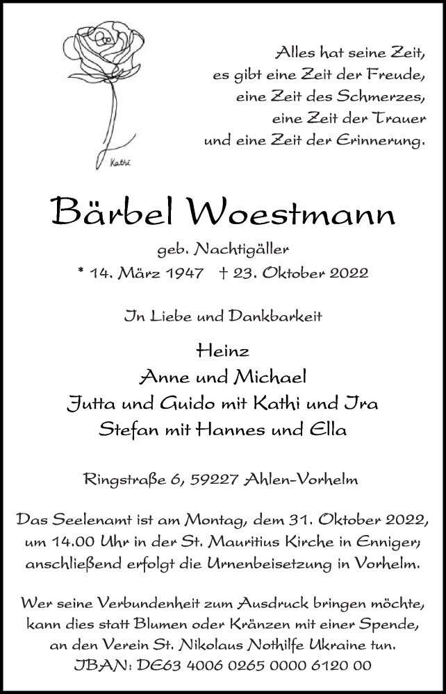  Traueranzeige für Bärbel Woestmann vom 26.10.2022 aus Die Glocke