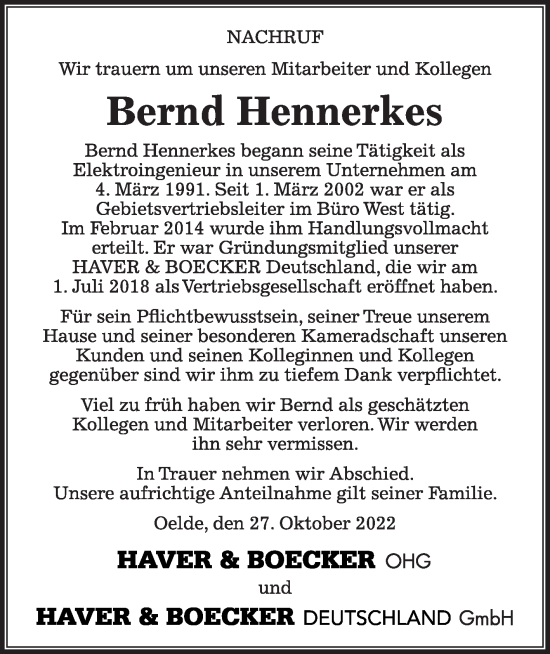 Traueranzeige von Bernd Hennerkes von Die Glocke