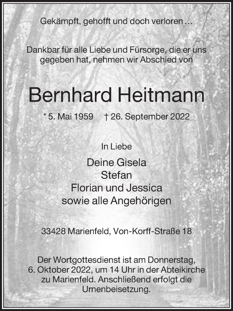  Traueranzeige für Bernhard Reitmann vom 01.10.2022 aus Die Glocke