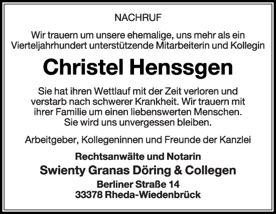 Traueranzeige von Christel Henssgen von Die Glocke