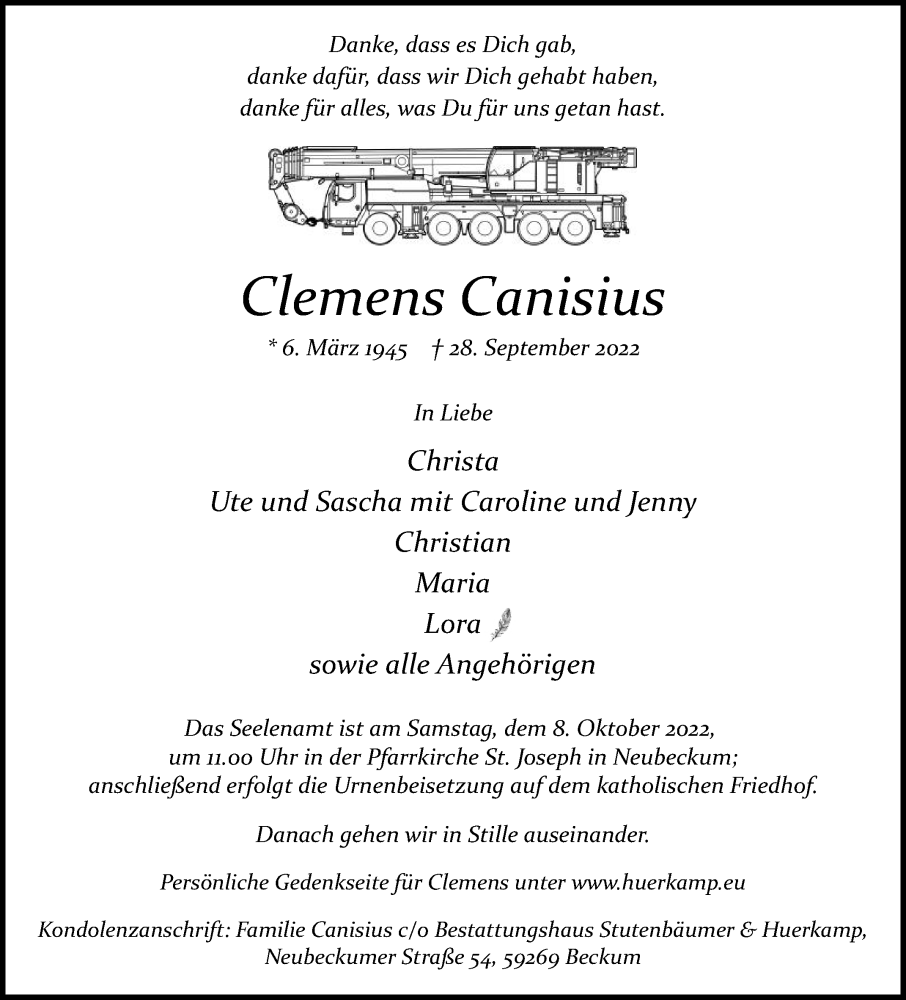  Traueranzeige für Clemens Canisius vom 01.10.2022 aus Die Glocke