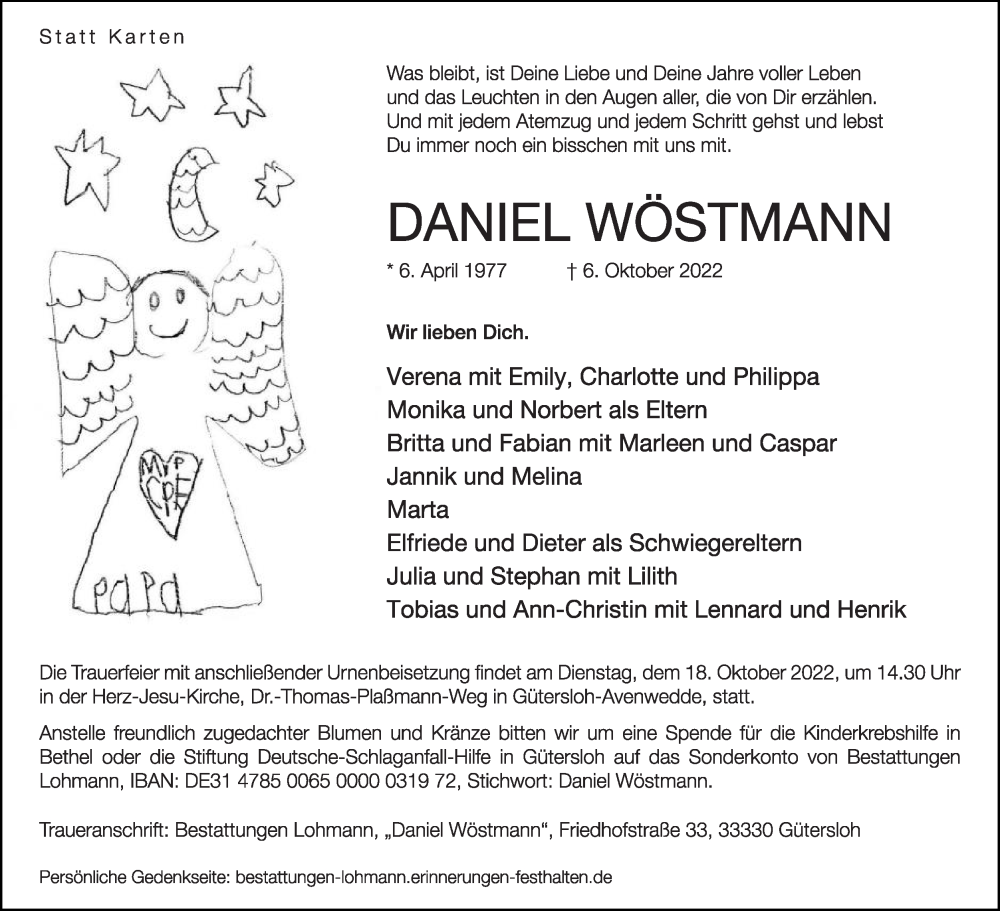  Traueranzeige für Daniel Wöstmann vom 11.10.2022 aus Die Glocke