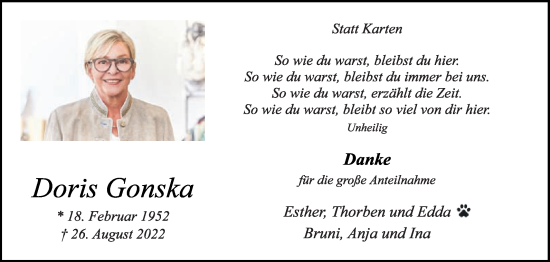 Traueranzeige von Doris Gonska von Die Glocke