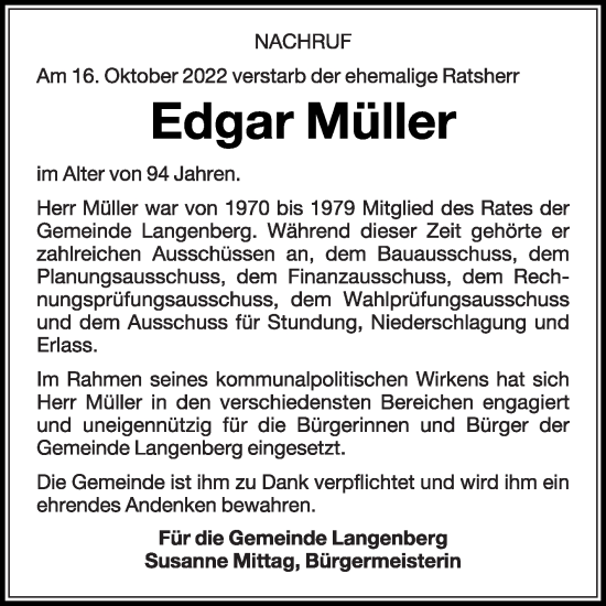 Traueranzeige von Edgar Müller von Die Glocke