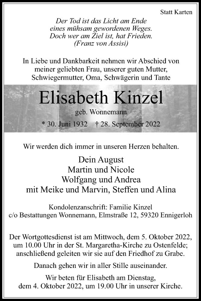  Traueranzeige für Elisabeth Kinzel vom 01.10.2022 aus Die Glocke