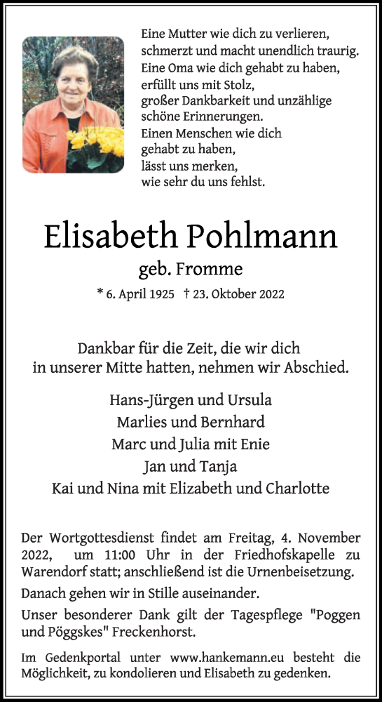 Traueranzeige von Elisabeth Pohlmann von Die Glocke