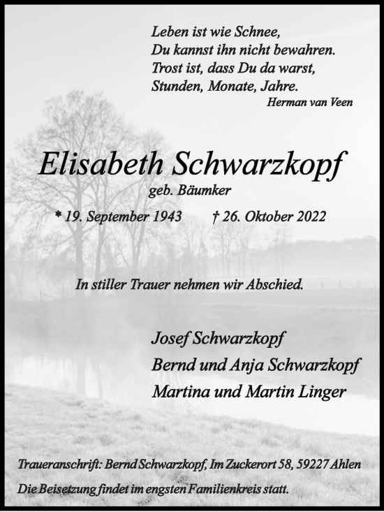 Traueranzeige von Elisabeth Schwarzkopf von Die Glocke