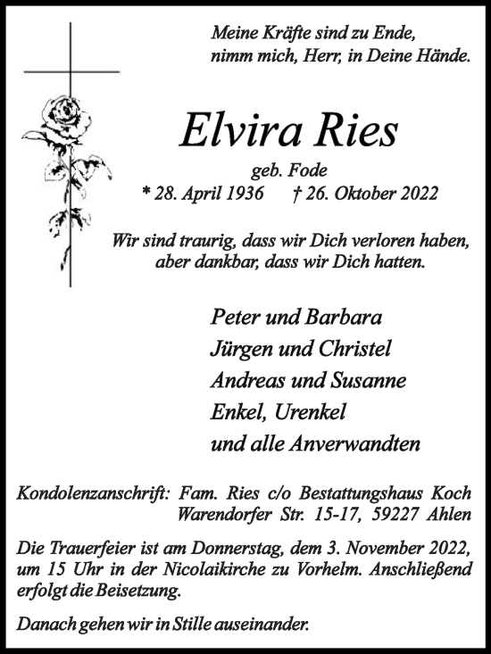 Traueranzeige von Elvira Ries von Die Glocke