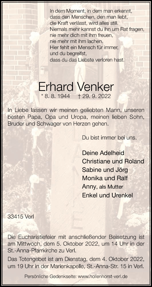  Traueranzeige für Erhard Venker vom 01.10.2022 aus Die Glocke