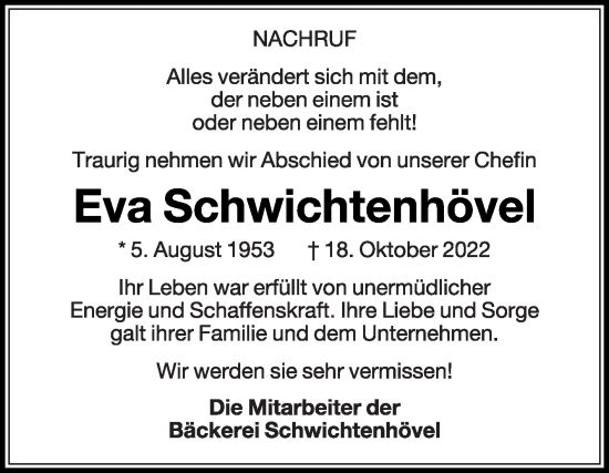 Traueranzeige von Eva Schwichtenhövel von Die Glocke