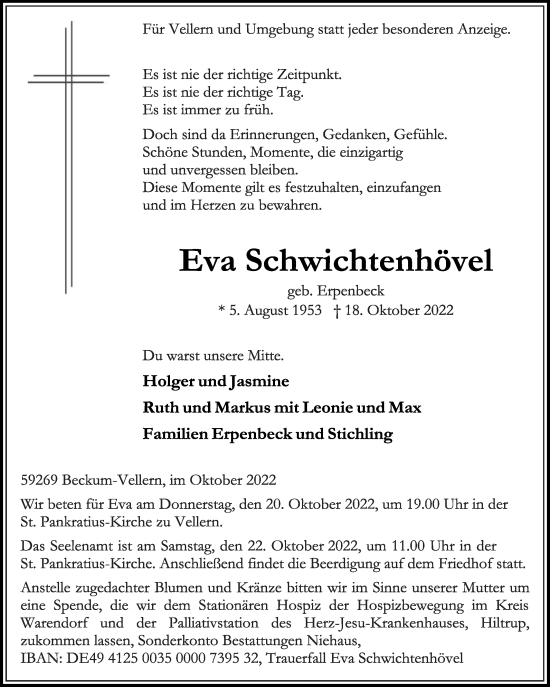 Traueranzeige von Eva Schwichtenhövel von Die Glocke