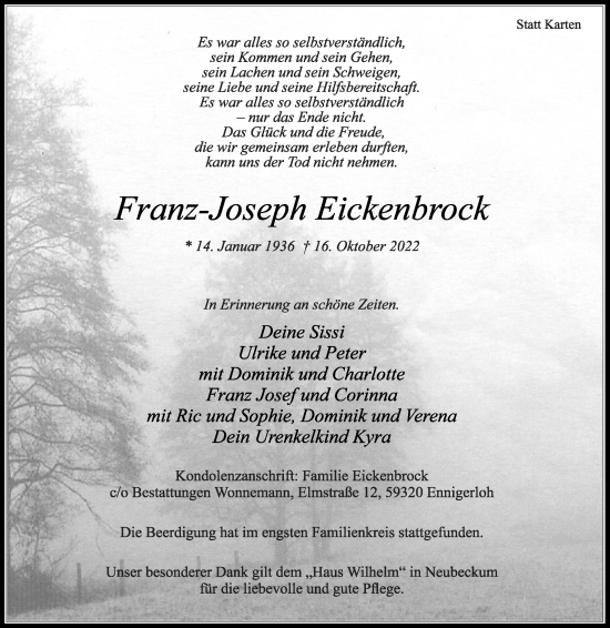 Traueranzeige von Franz-Joseph Eickenbrock von Die Glocke