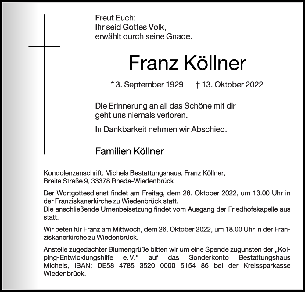  Traueranzeige für Franz Köllner vom 22.10.2022 aus Die Glocke