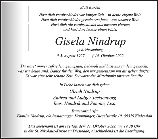 Traueranzeige von Gisela Nindrup von Die Glocke