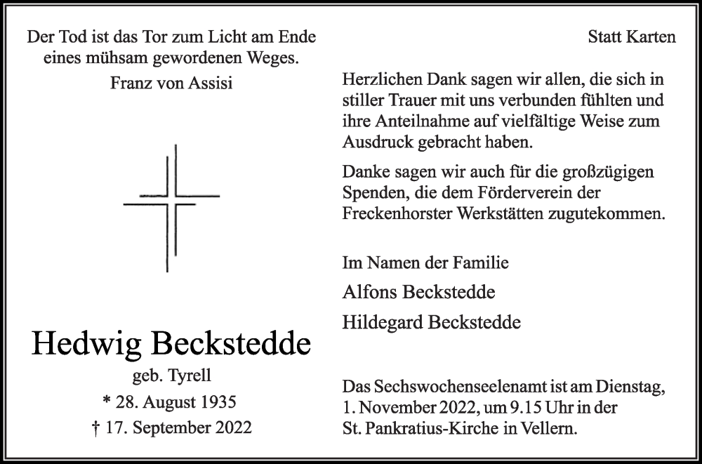  Traueranzeige für Hedwig Beckstedde vom 22.10.2022 aus Die Glocke