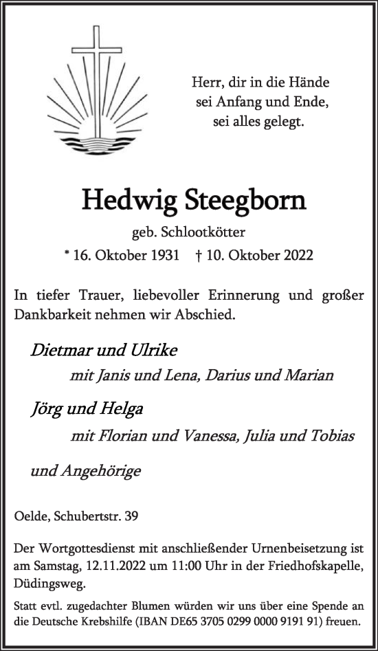 Traueranzeige von Hedwig Steegborn von Die Glocke