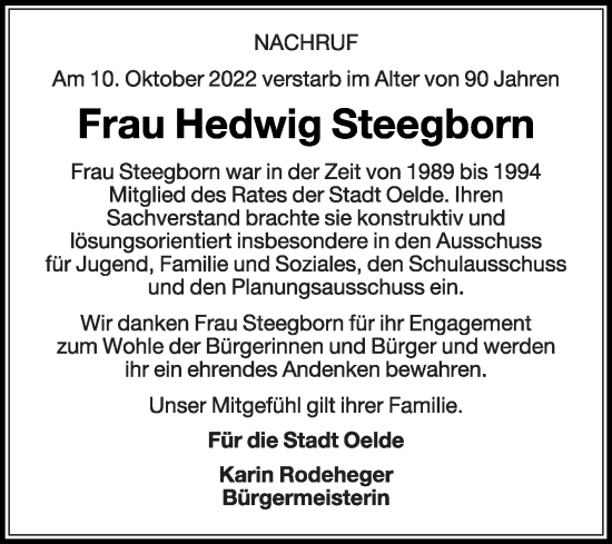 Traueranzeige von Hedwig Steegborn von Die Glocke